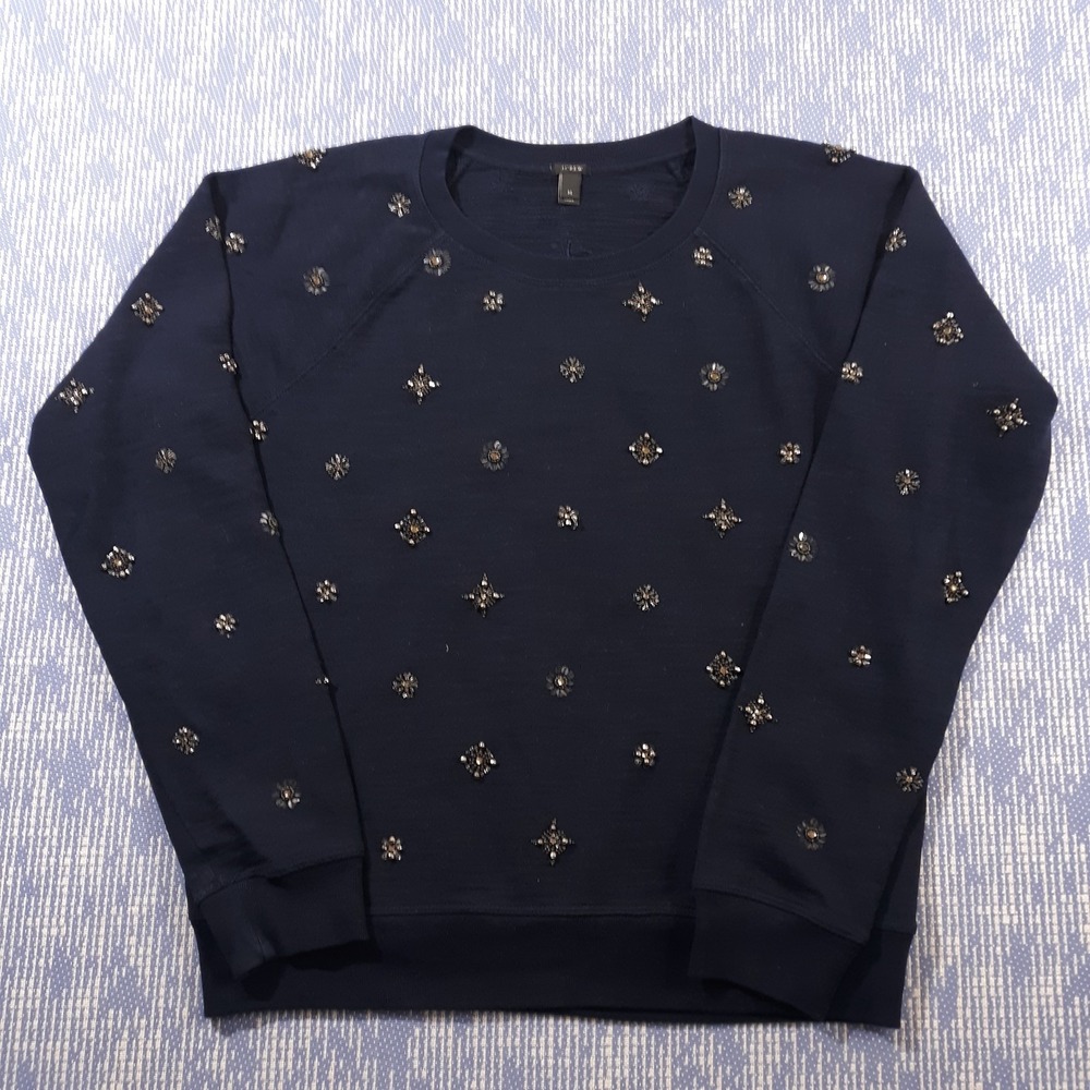 J.CREW Sweater Rhinestones Embellished Pullover Cotton Womens Medium Navy #13793